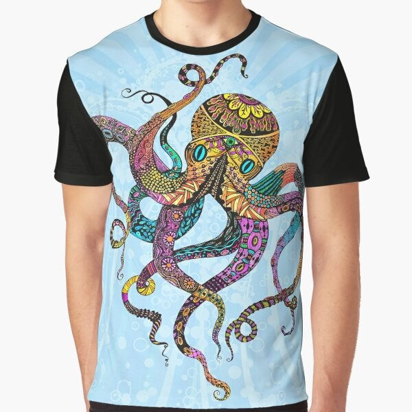 Colorful graphic design of an electric octopus with psychedelic patterns, waves, and bubbles on a t-shirt.