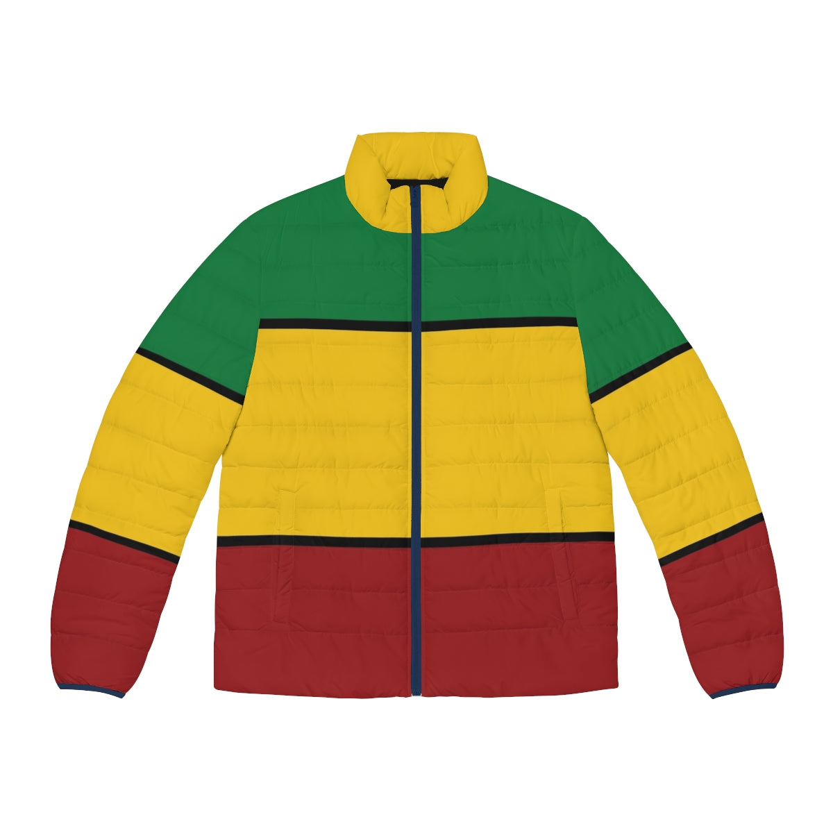 Rasta puffer jacket with stripes in the colors of the Rastafarian flag