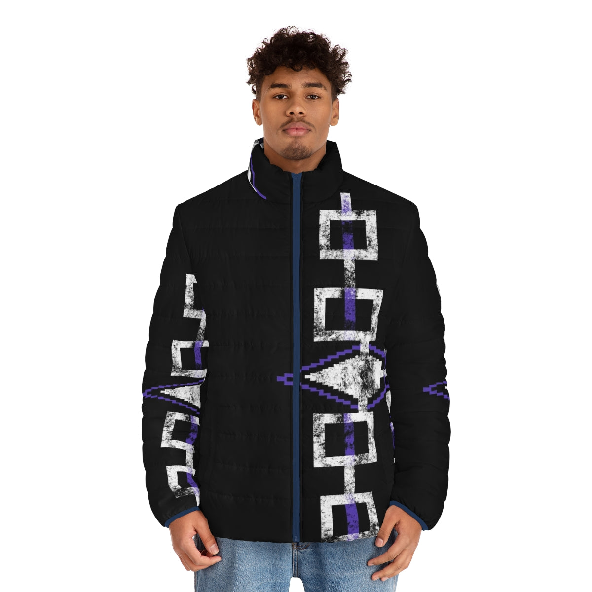 Haudenosaunee Hiawatha Belt Puffer Jacket with Native American Flag Design - men front