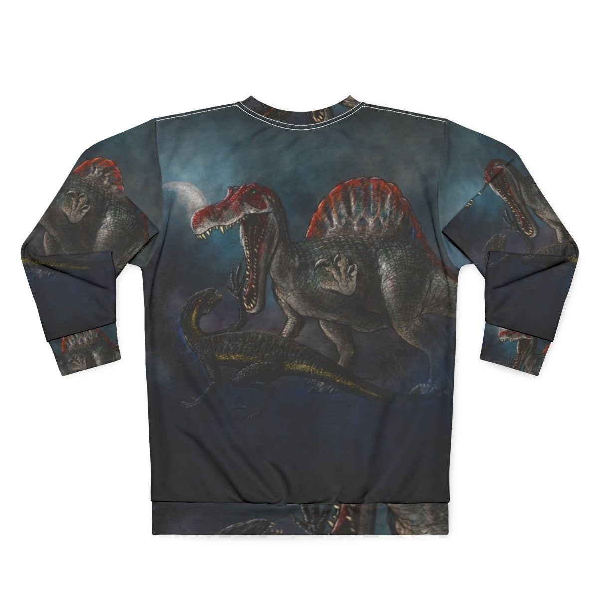 Spinosaurus vs Indominus Rex dinosaur battle graphic on a sweatshirt - Back