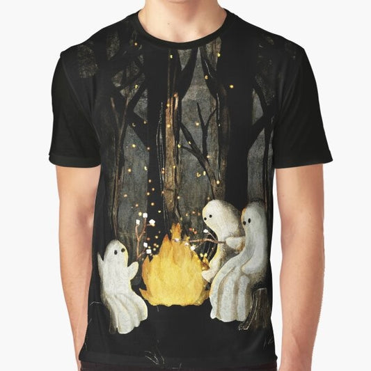 Graphic t-shirt featuring a campfire with marshmallows and a spooky ghost design