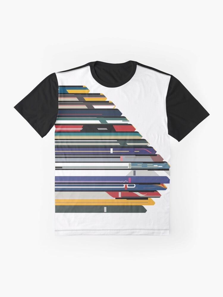 Graphic t-shirt with outline design of Intercity 125 high-speed train in British Rail livery - Flat lay