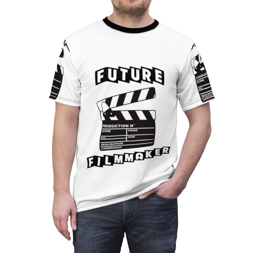 T-shirt design featuring a clapperboard and film reel, perfect for independent filmmakers and movie enthusiasts. - men front