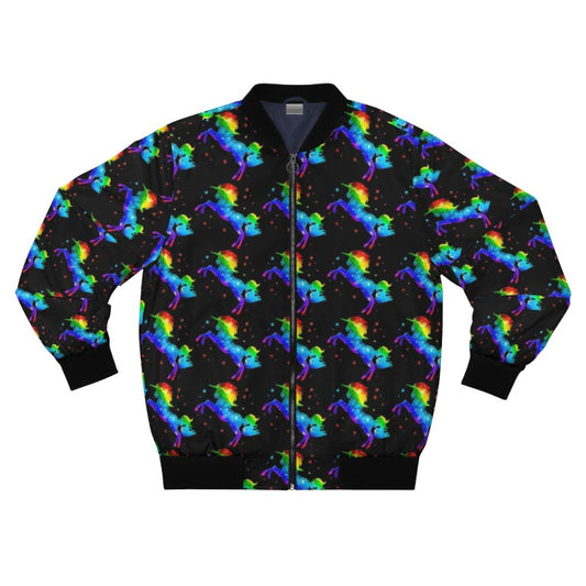 Galaxy unicorn bomber jacket with vibrant rainbow and cosmic star design