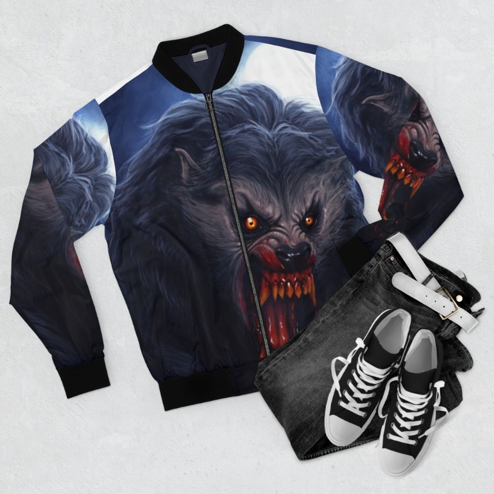 Beware the Moon... Bomber Jacket, featuring a classic American Werewolf in London horror movie design - Flat lay