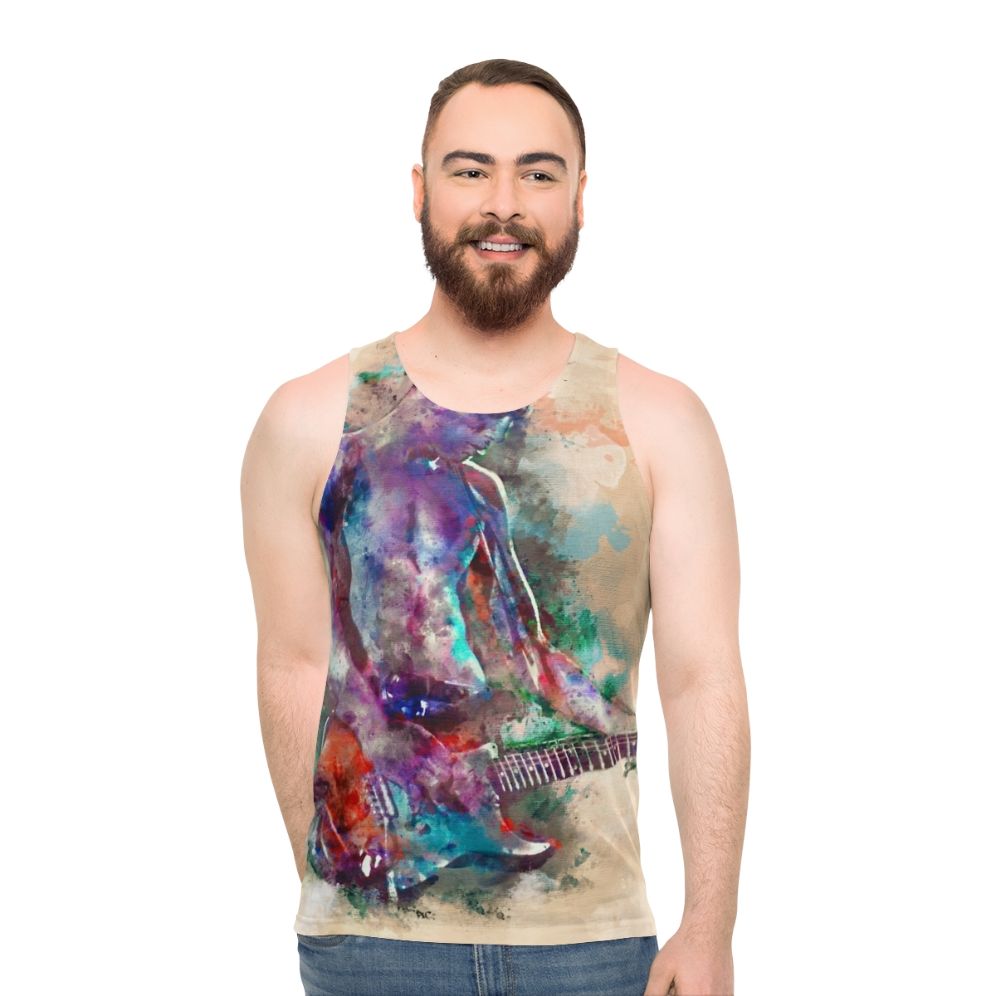 Vibrant guitar boy unisex tank top with watercolor art design - men