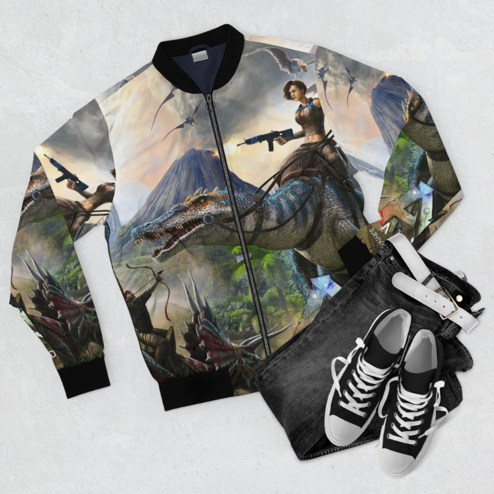 Bomber jacket with Ark Survival Evolved gaming and dinosaur design - Flat lay