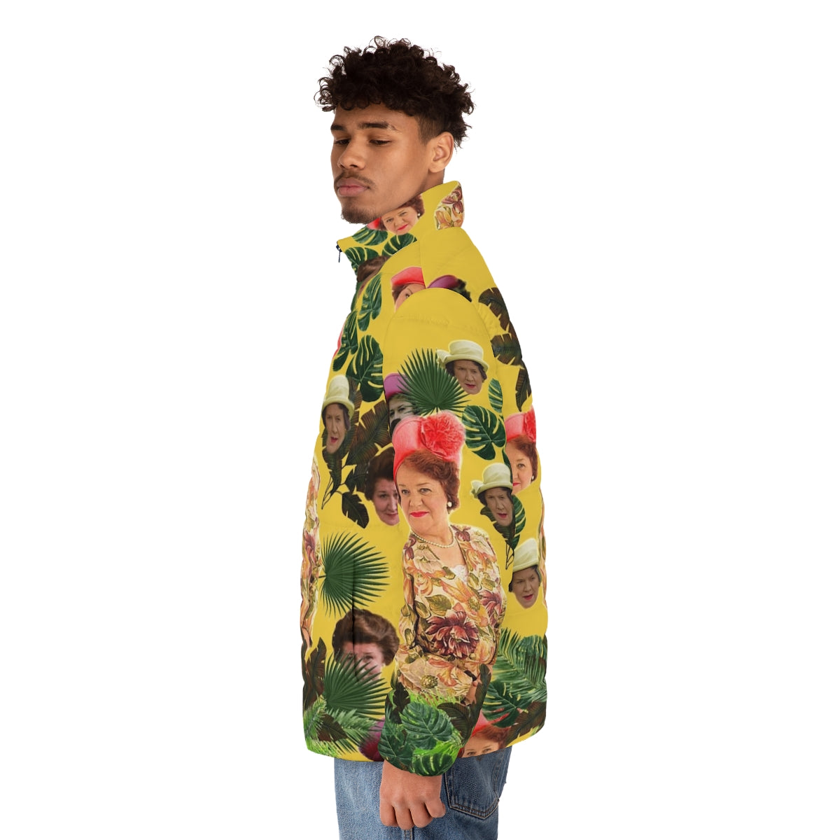 Hyacinth Bucket-inspired puffer jacket with a bouquet design - men side left