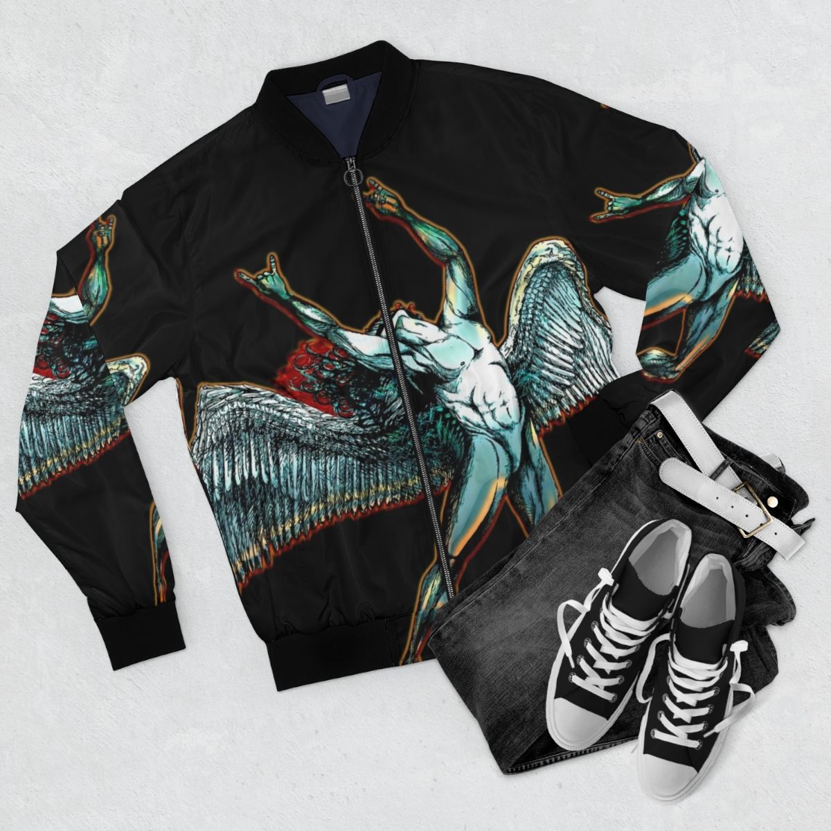 Icarus Bomber Jacket featuring dark, mythological design elements - Flat lay