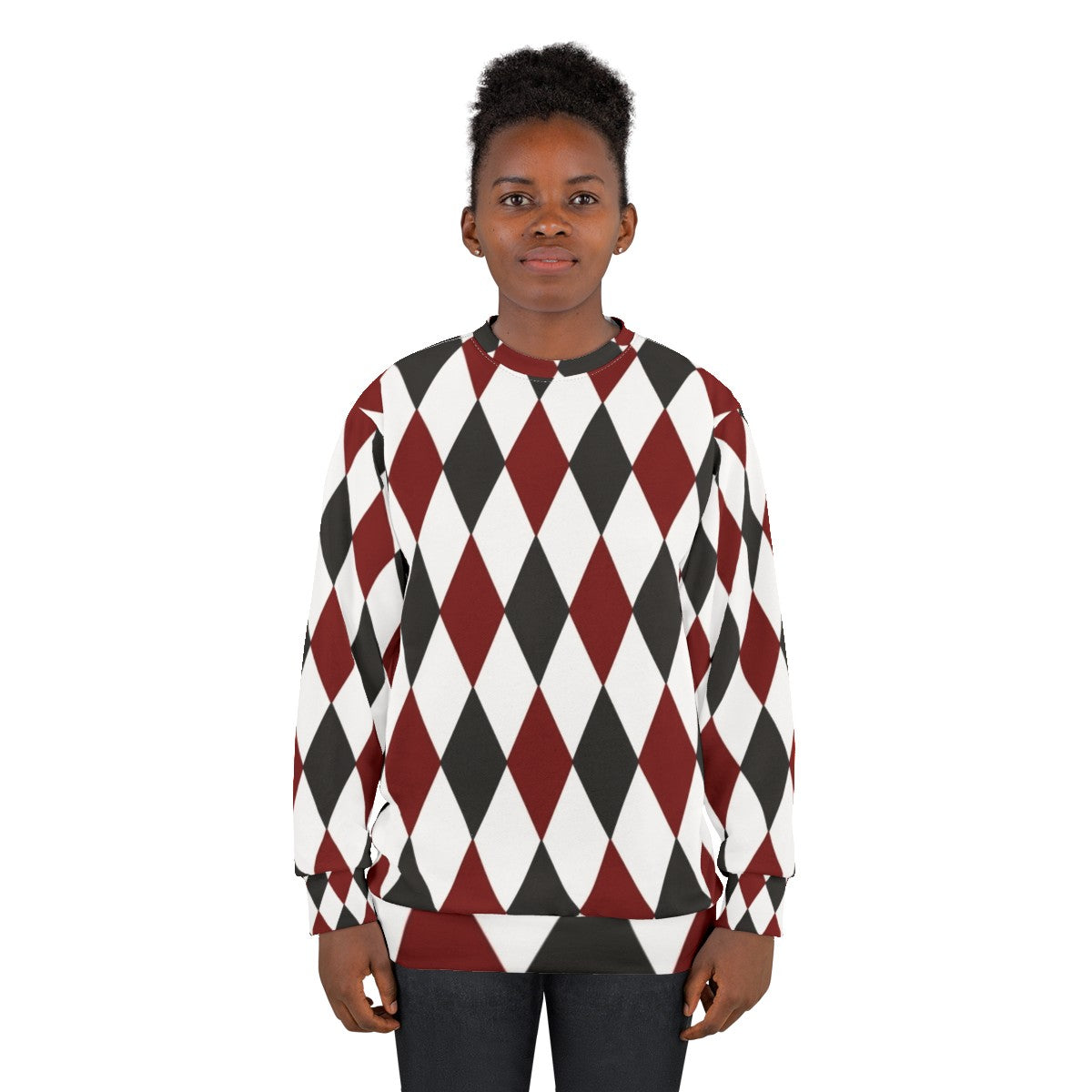 Black, white, and red harlequin diamond pattern sweatshirt - women