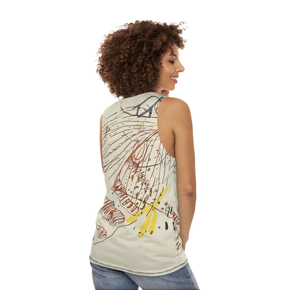 Avant garde unisex tank top design inspired by the works of John Cage and Henry David Thoreau - women back