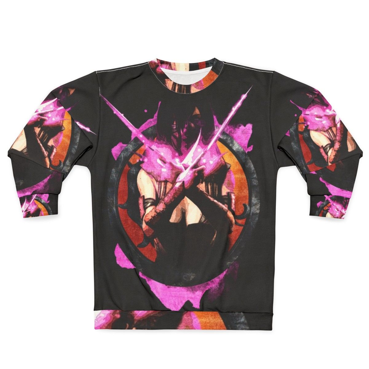 Mileena from Mortal Kombat fighting game character portrait on pink grunge sweatshirt