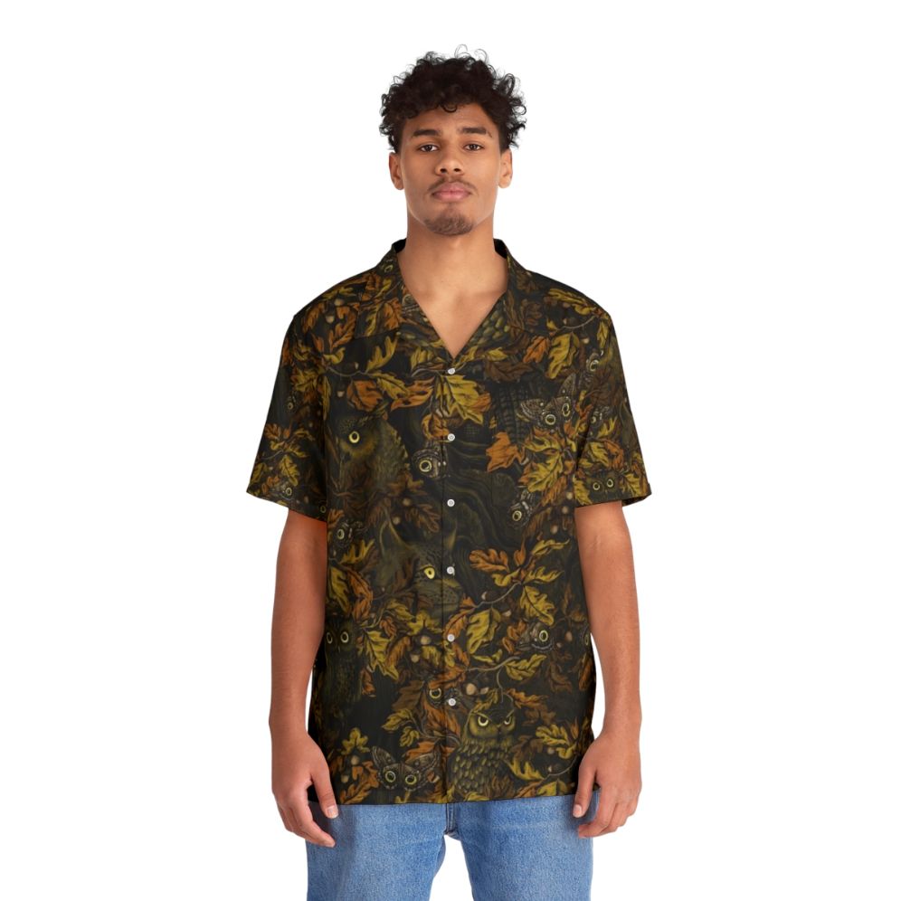 Autumn leaves Hawaiian shirt with owls and camouflage pattern - People Front