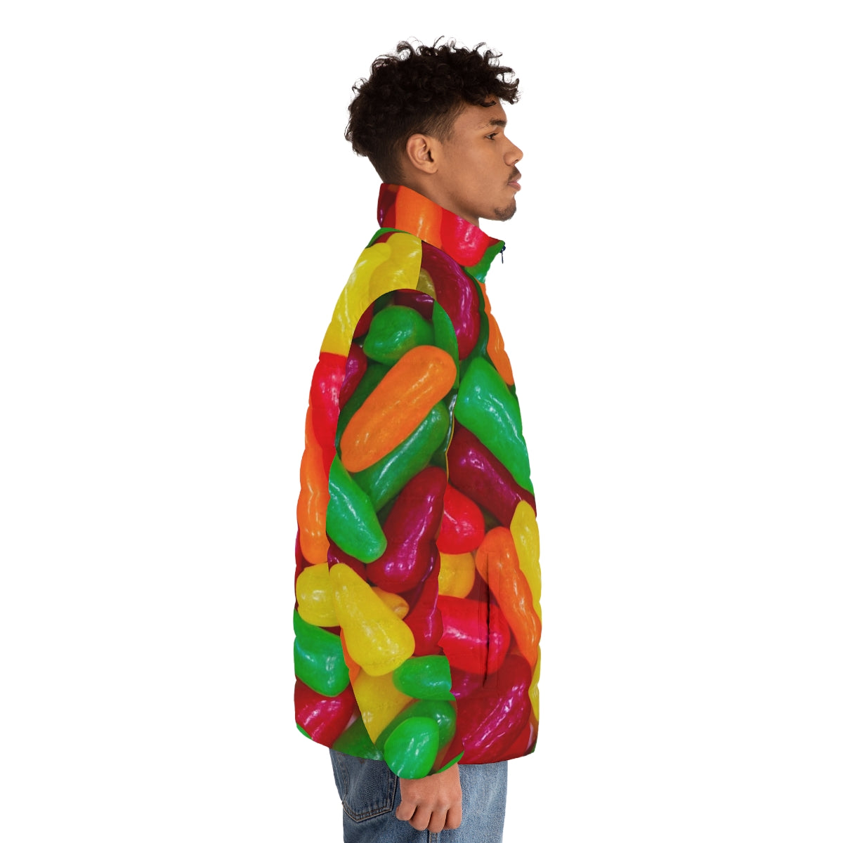 Colorful Mike and Ikes puffer jacket with round, soft candy-like appearance - men side right