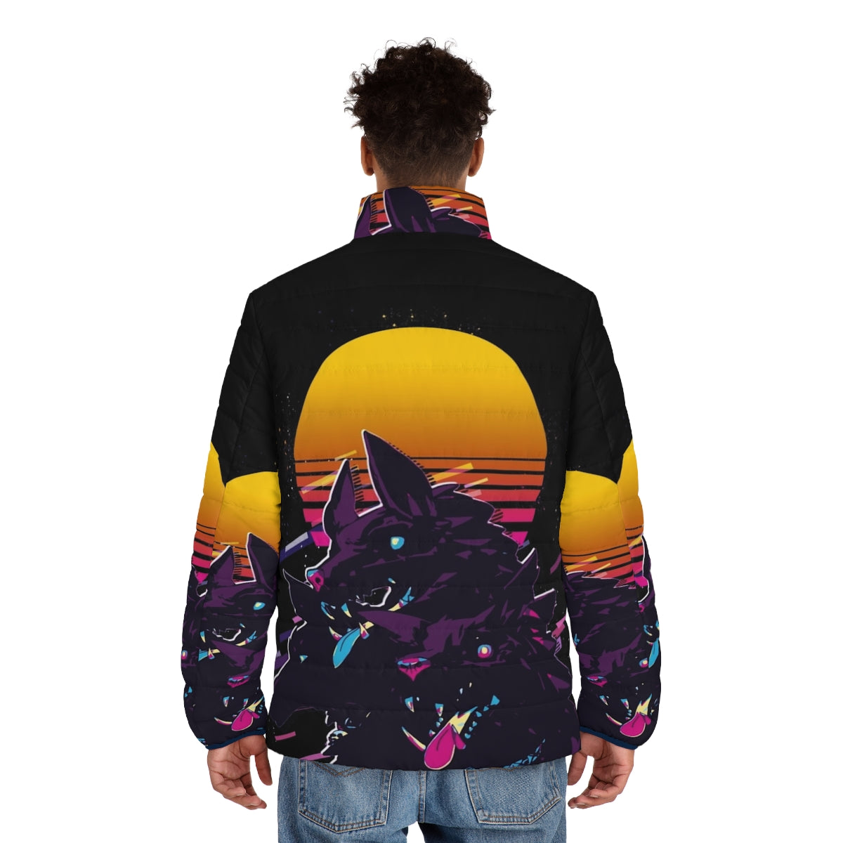 Cerberus Hades 80s Retro Puffer Jacket featuring the three-headed hellhound of Greek mythology - men back