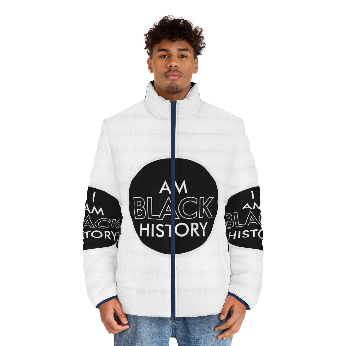 "I Am Black History" retro puffer jacket with vintage Pan Am airline logo - men front