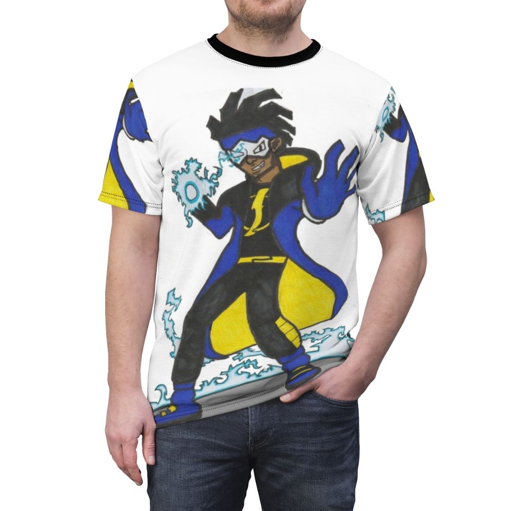 Stylized Static Shock inspired t-shirt design featuring a pop art style black superhero character - men front