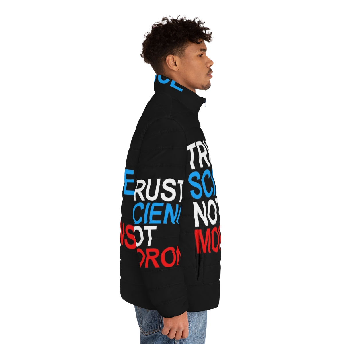 Red white and blue puffer jacket with pro-science message - men side right