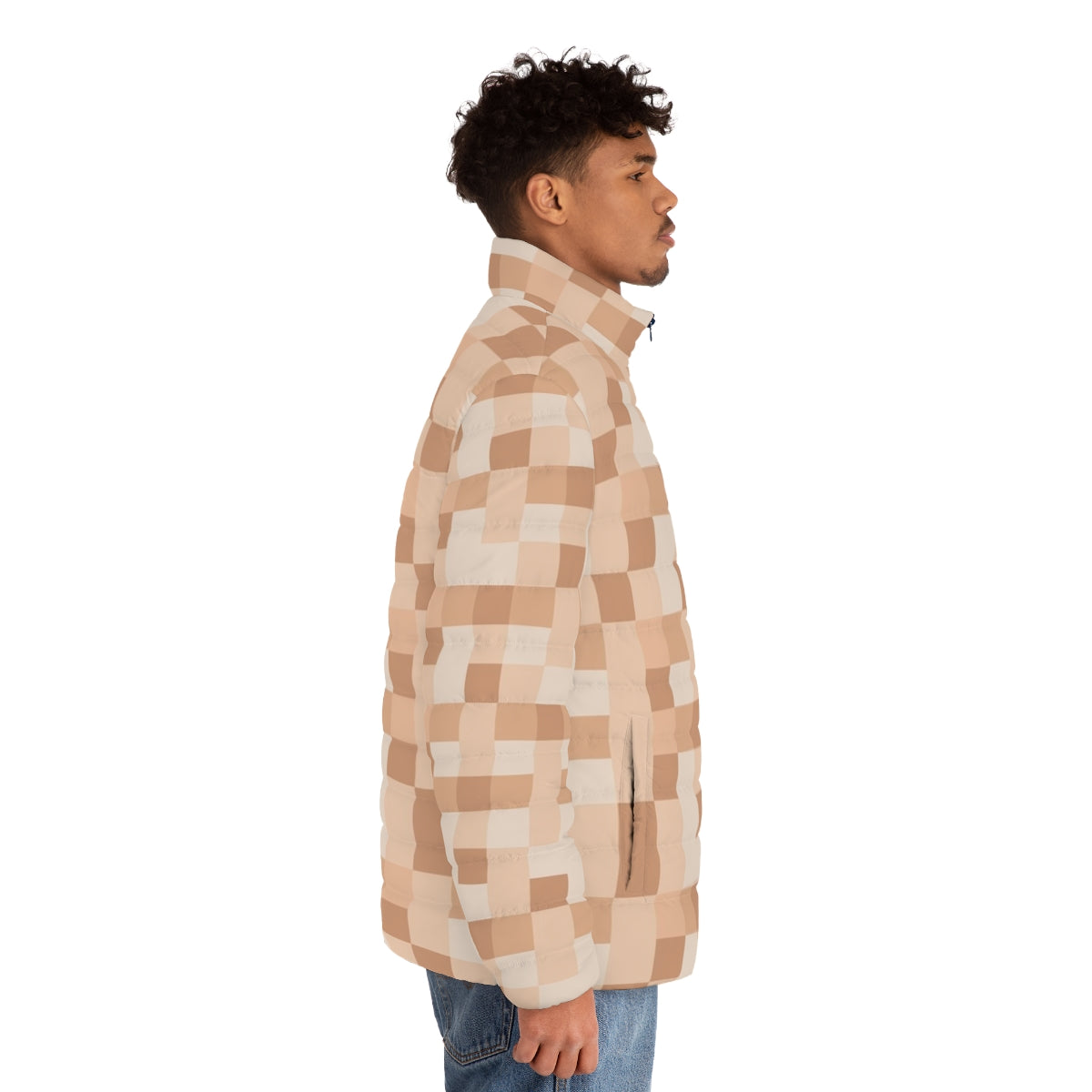 Pixelated light skin puffer jacket with censored nudity design - men side right