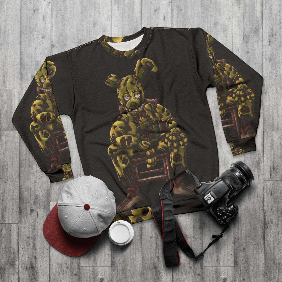 Springtrap Sweatshirt Featuring the Animatronic Character from Five Nights at Freddy's - flat lay