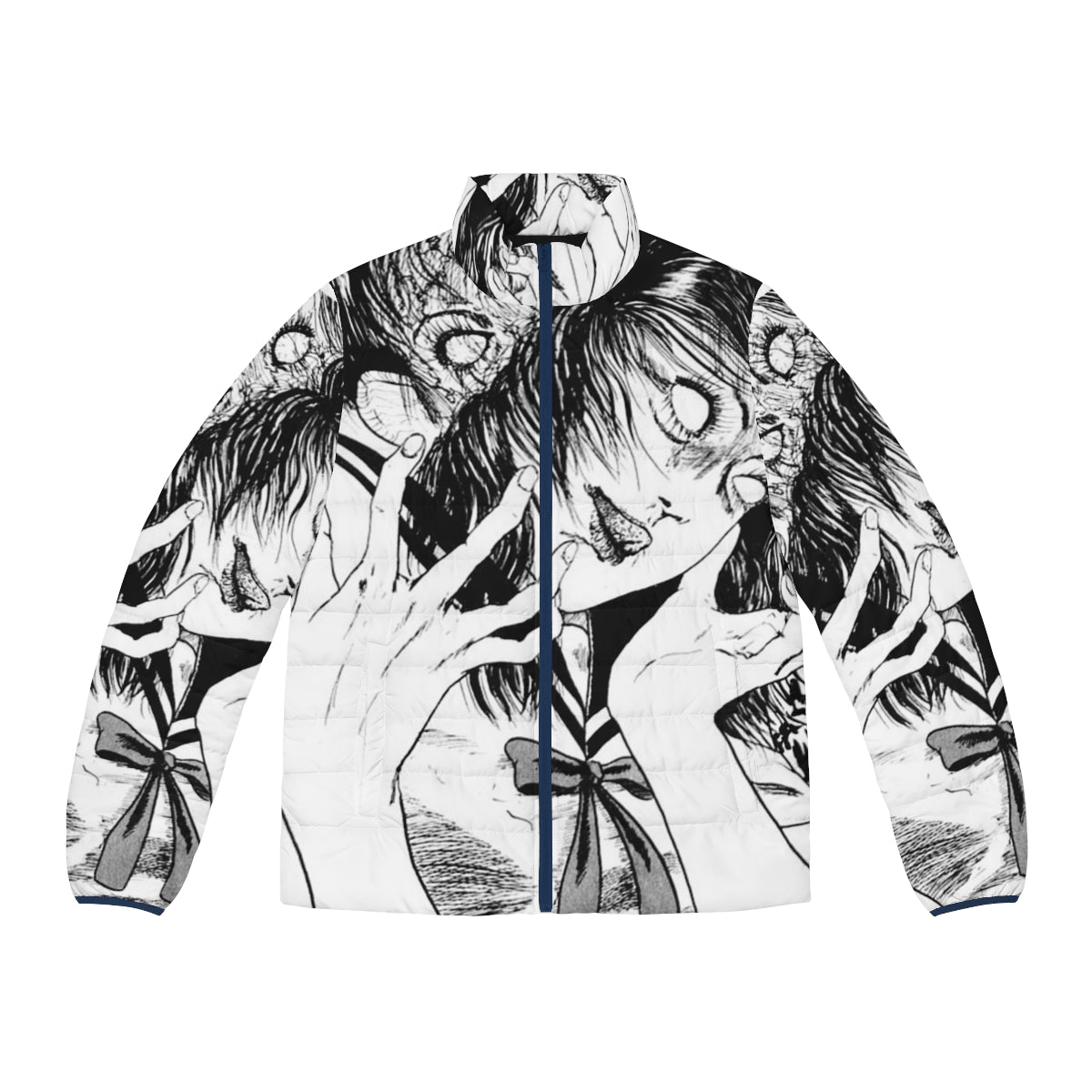 Monochrome puffer jacket with Junji Ito inspired horror manga design