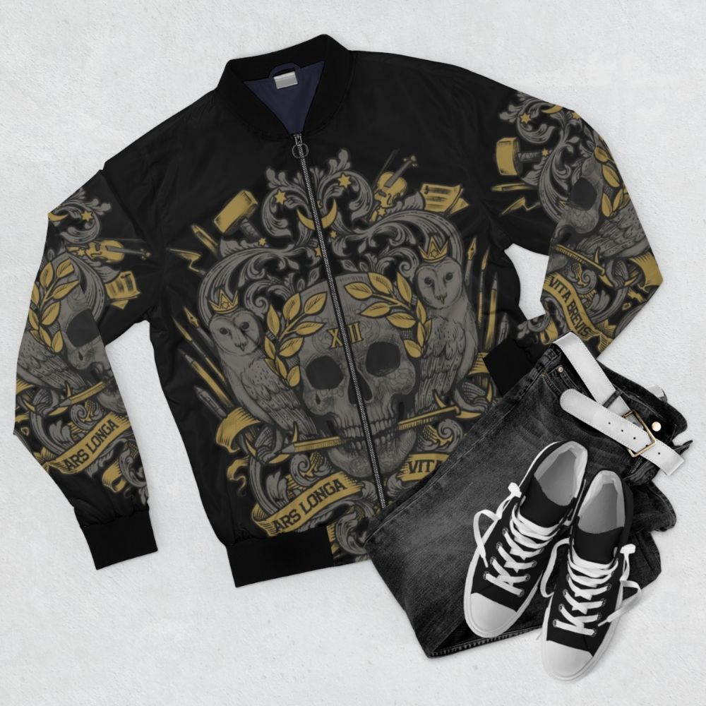 Ars Longa, Vita Brevis Artist's Bomber Jacket with coat of arms design, heraldic elements, and artistic motifs. - Flat lay