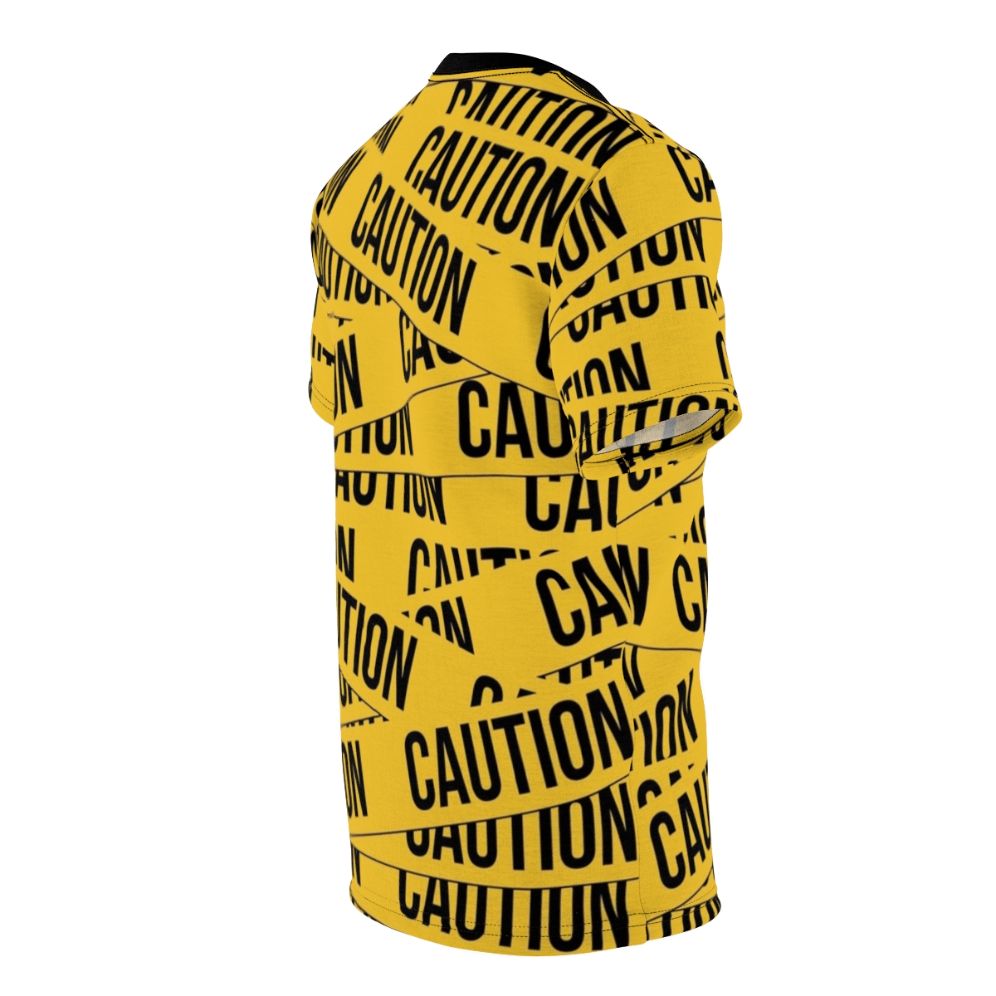 Caution-themed t-shirt with police tape, danger zone, and warning sign graphics - men right