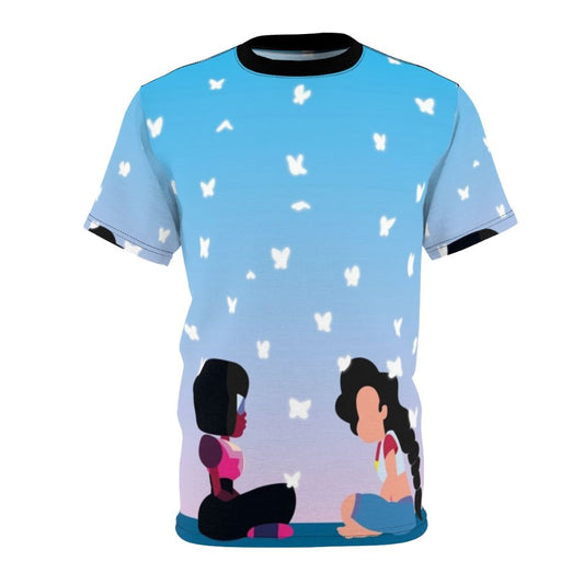 Artistic Steven Universe inspired all-over print t-shirt featuring characters like Garnet, Connie, and Stevonnie