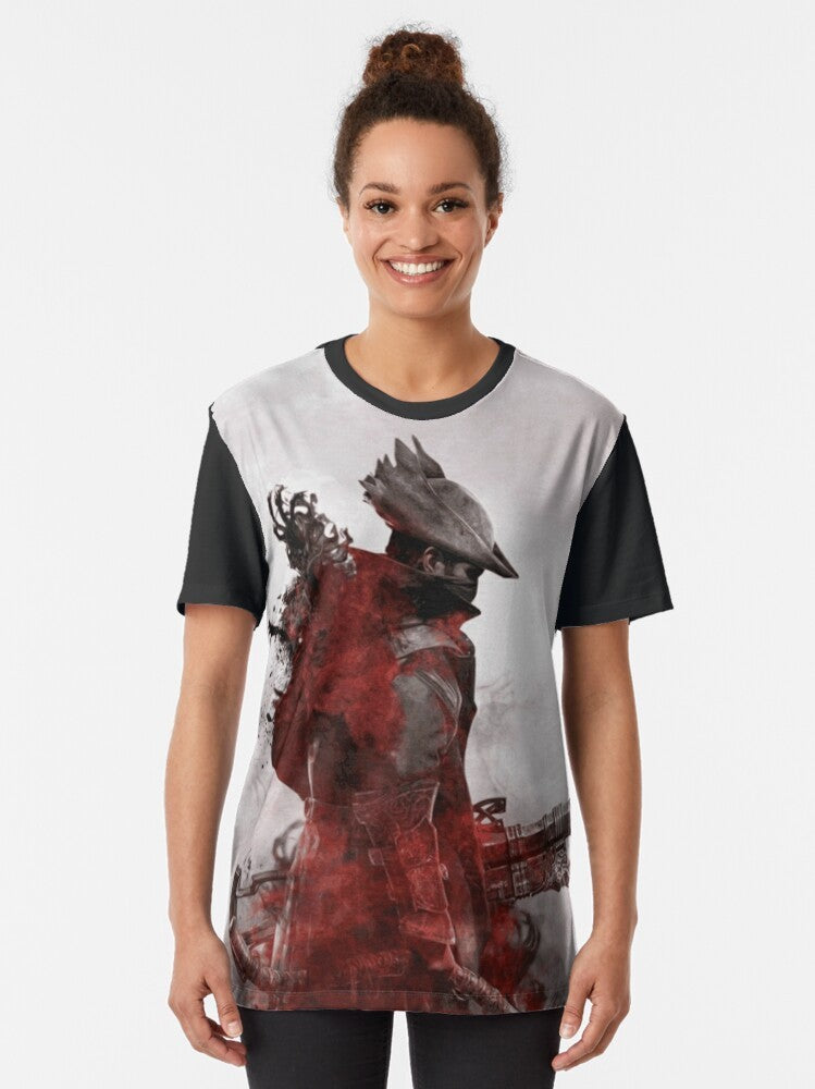 A high-quality, vector-based graphic t-shirt featuring the Bloodborne video game logo and imagery. - Women