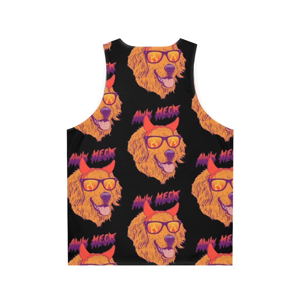 Golden retriever puppy wearing sunglasses and devil horns on a retro-style tank top - Back