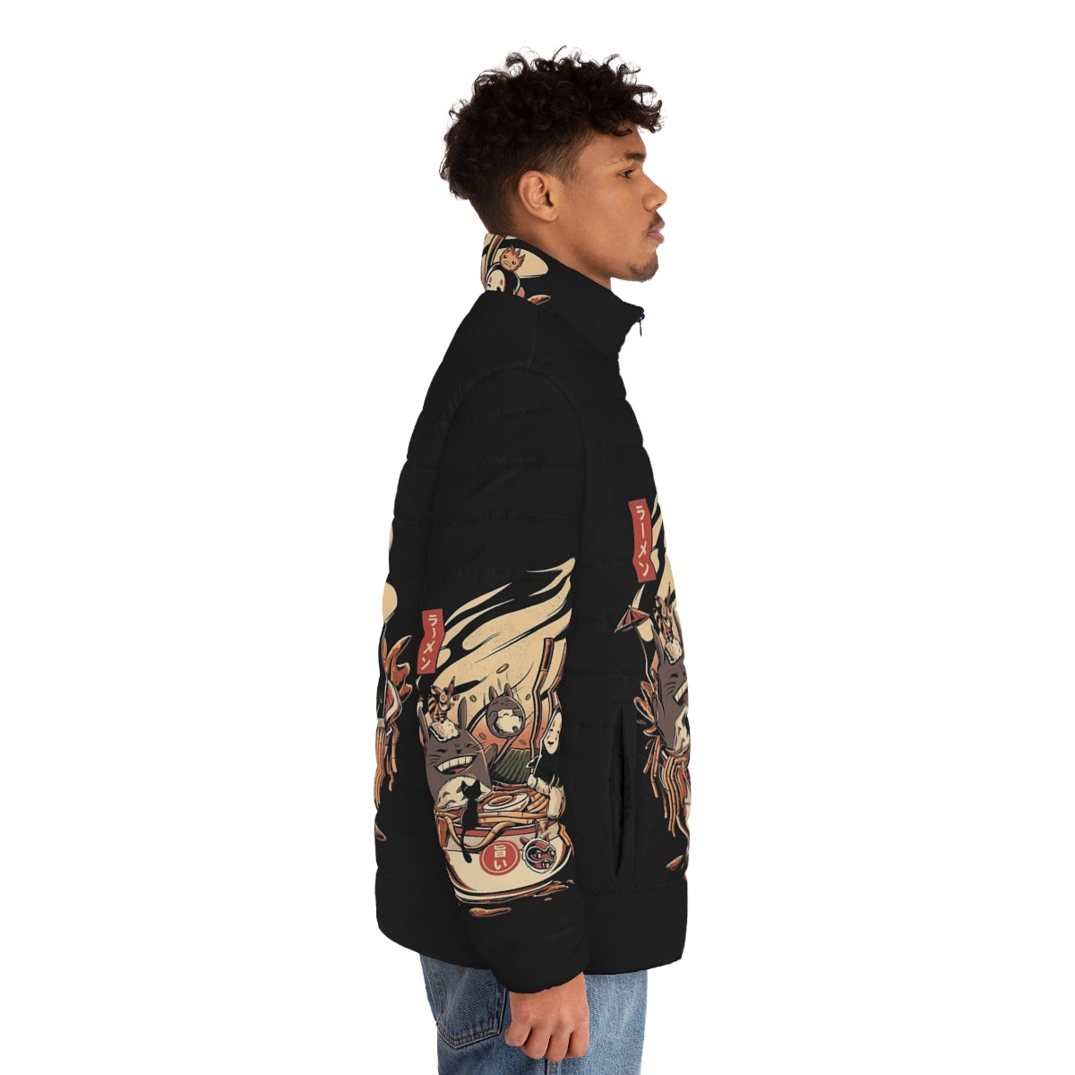 Ramen noodle puffer jacket with anime-inspired design - men side right