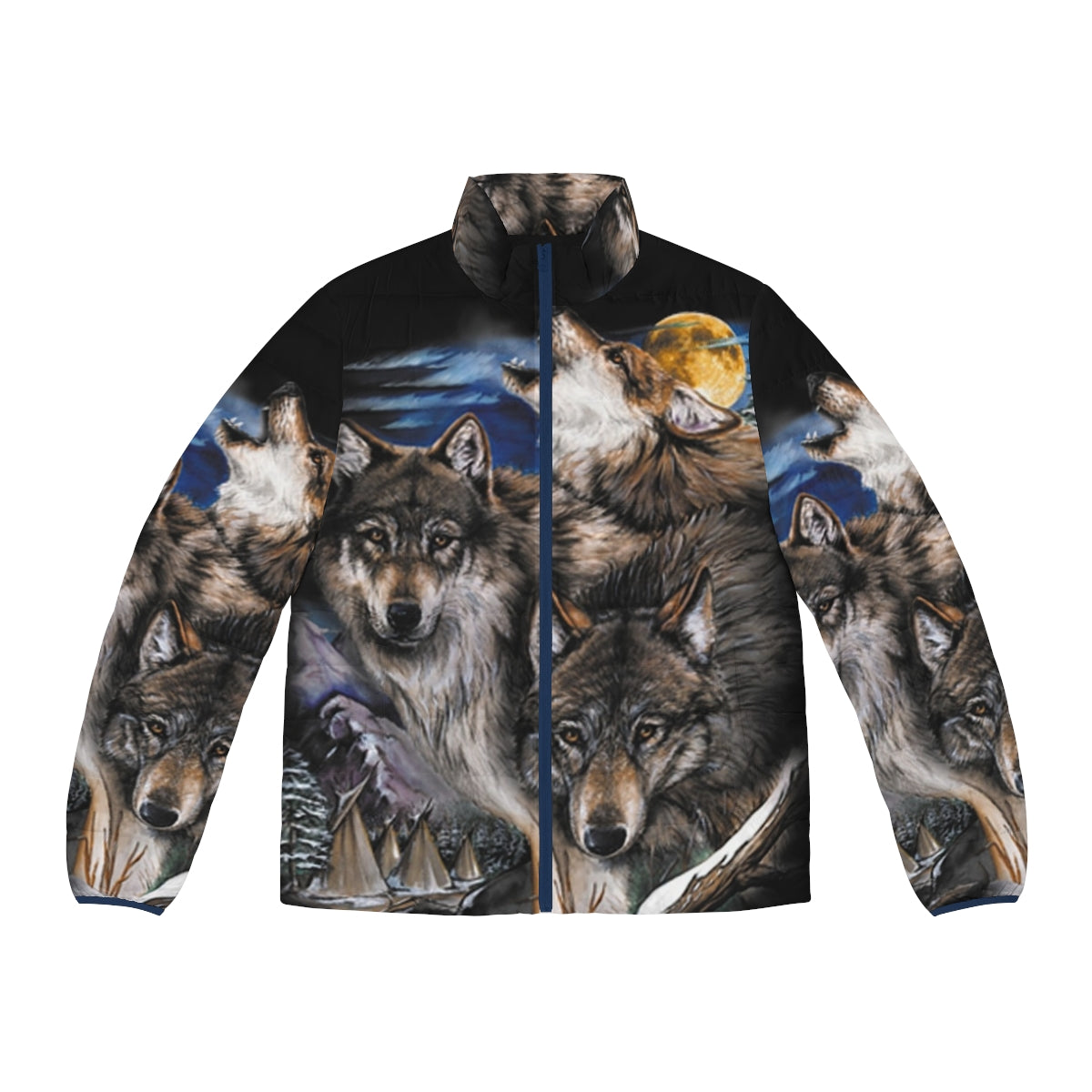 Howling wolves in the moonlight on a puffer jacket for outdoor adventure