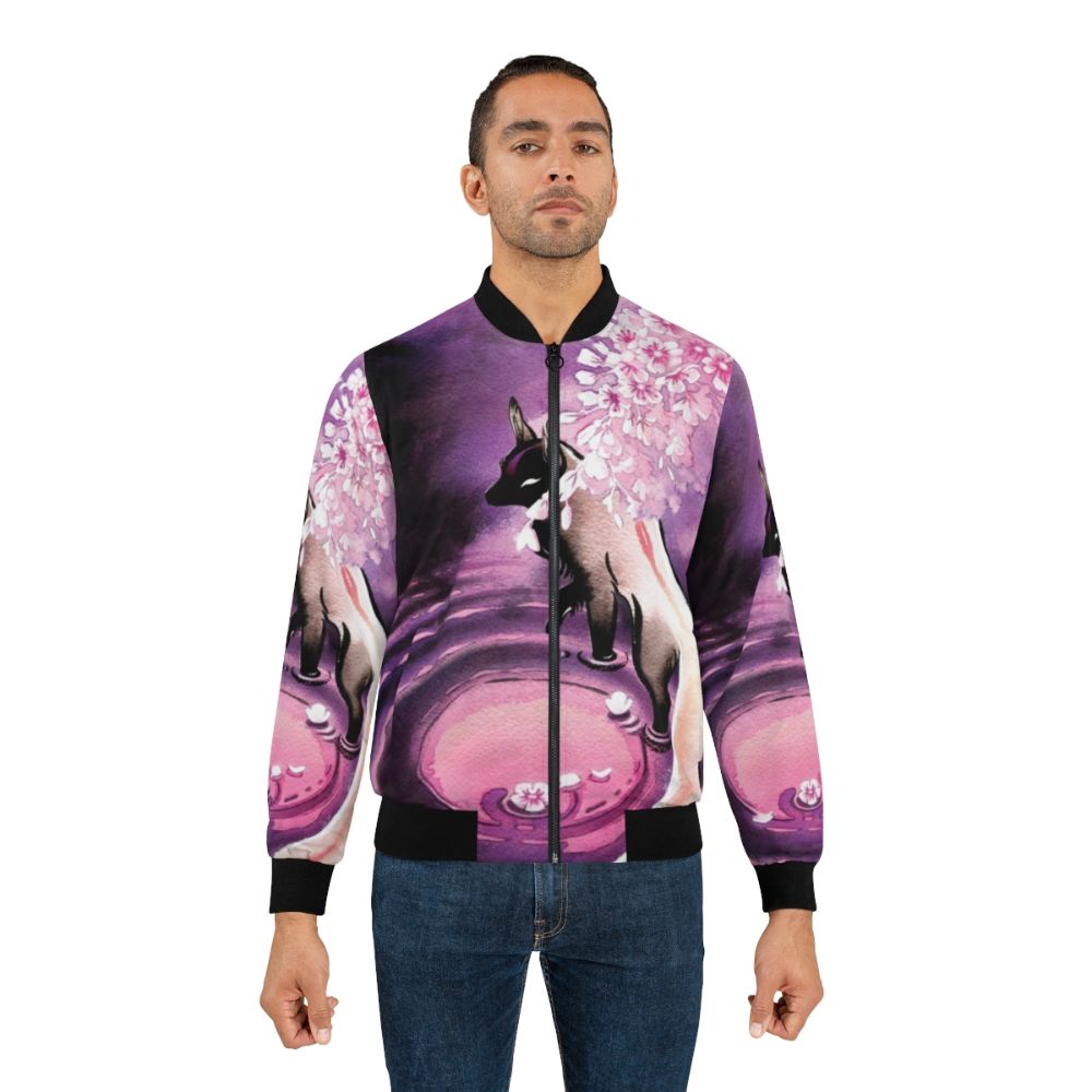 A rose moon-inspired bomber jacket featuring a sakura blossom and fox design - Lifestyle