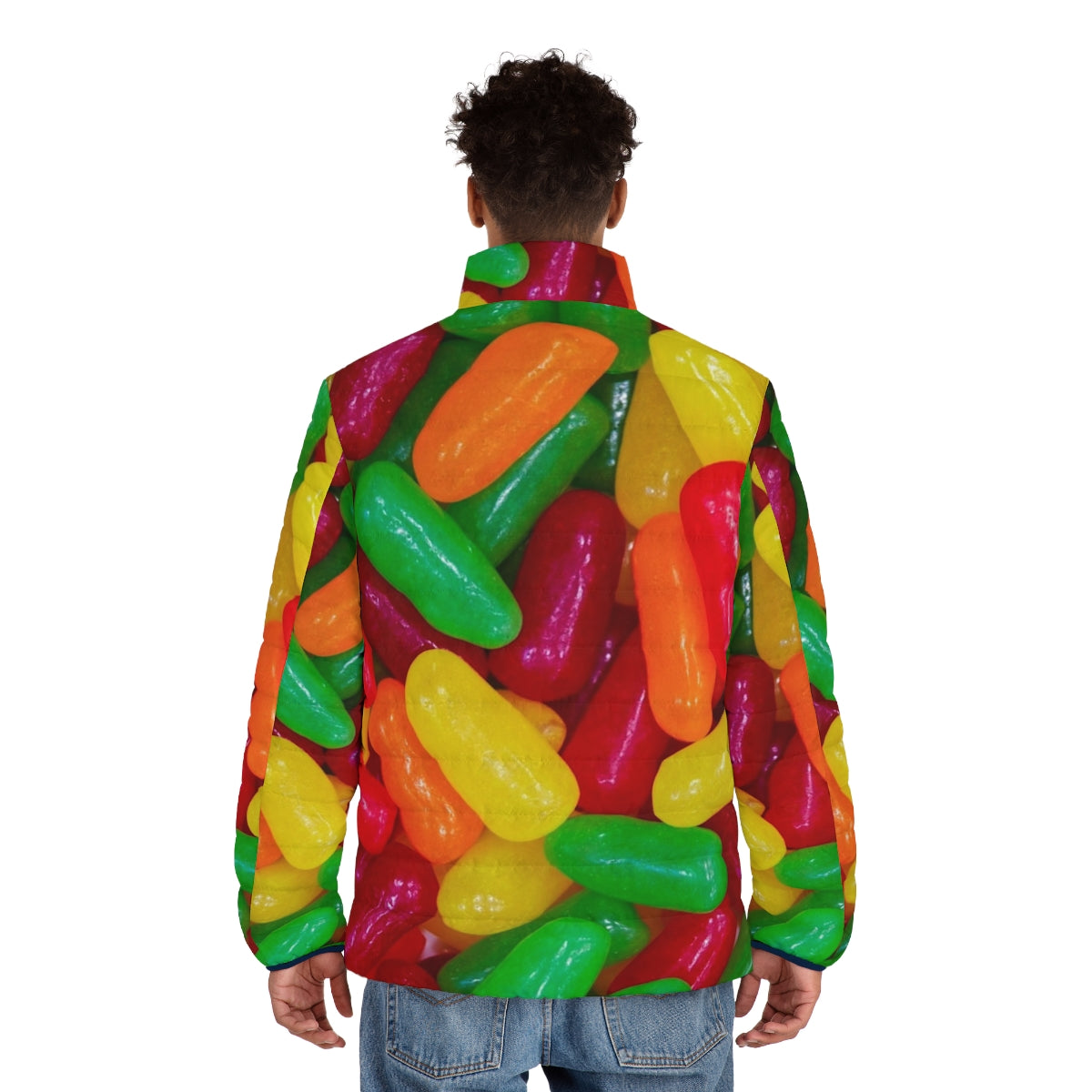 Colorful Mike and Ikes puffer jacket with round, soft candy-like appearance - men back