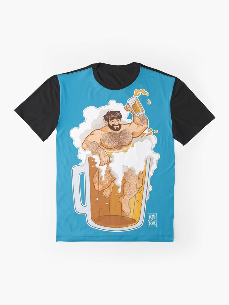 A graphic t-shirt design featuring a bearded, muscular gay bear drinking a big beer. - Flat lay