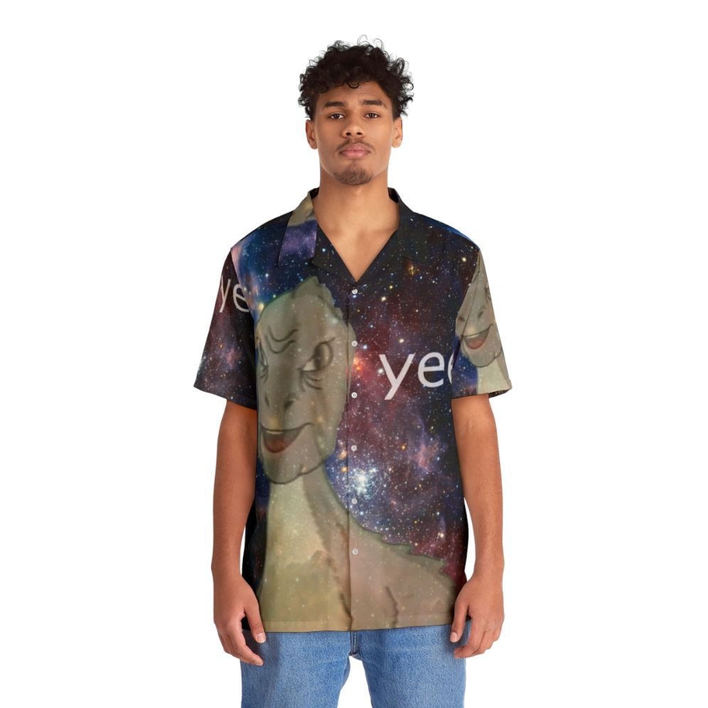 Cosmic Yee Retro Hawaiian Shirt with Dinosaur and Space Motif - People Front