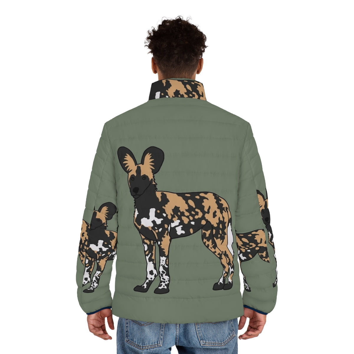 African Painted Dog Puffer Jacket featuring the stunning and unique wild canid - men back