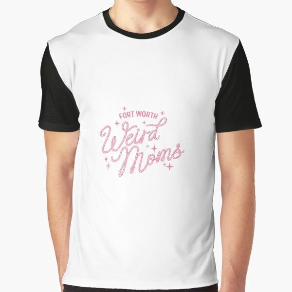 A pink graphic t-shirt with the text "FWWM - Yeehaw!" representing the Fort Worth Weird Moms culture.