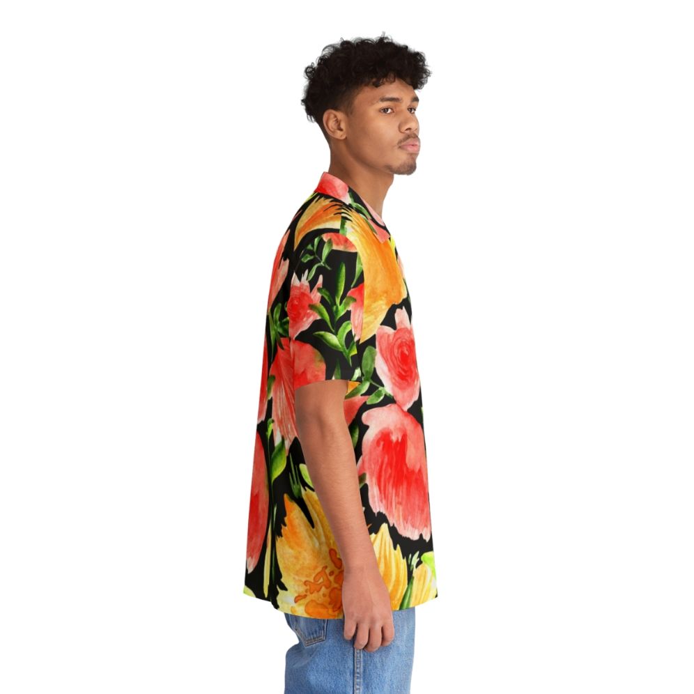 Watercolor floral Hawaiian shirt with black background - People Pight