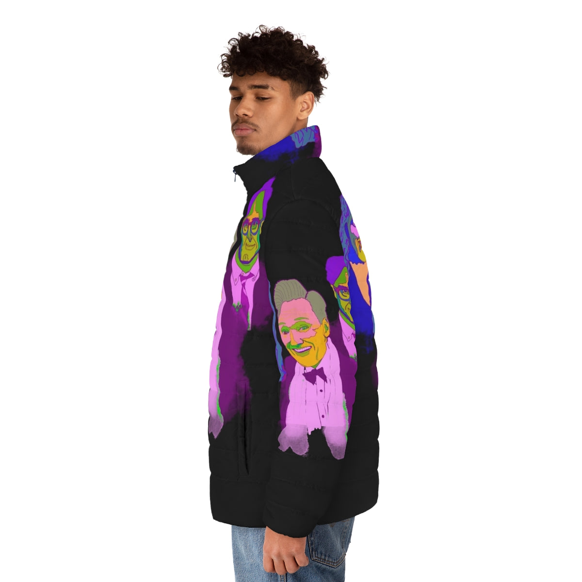 Vibrant abstract portrait of Conan O'Brien on a puffer jacket - men side left