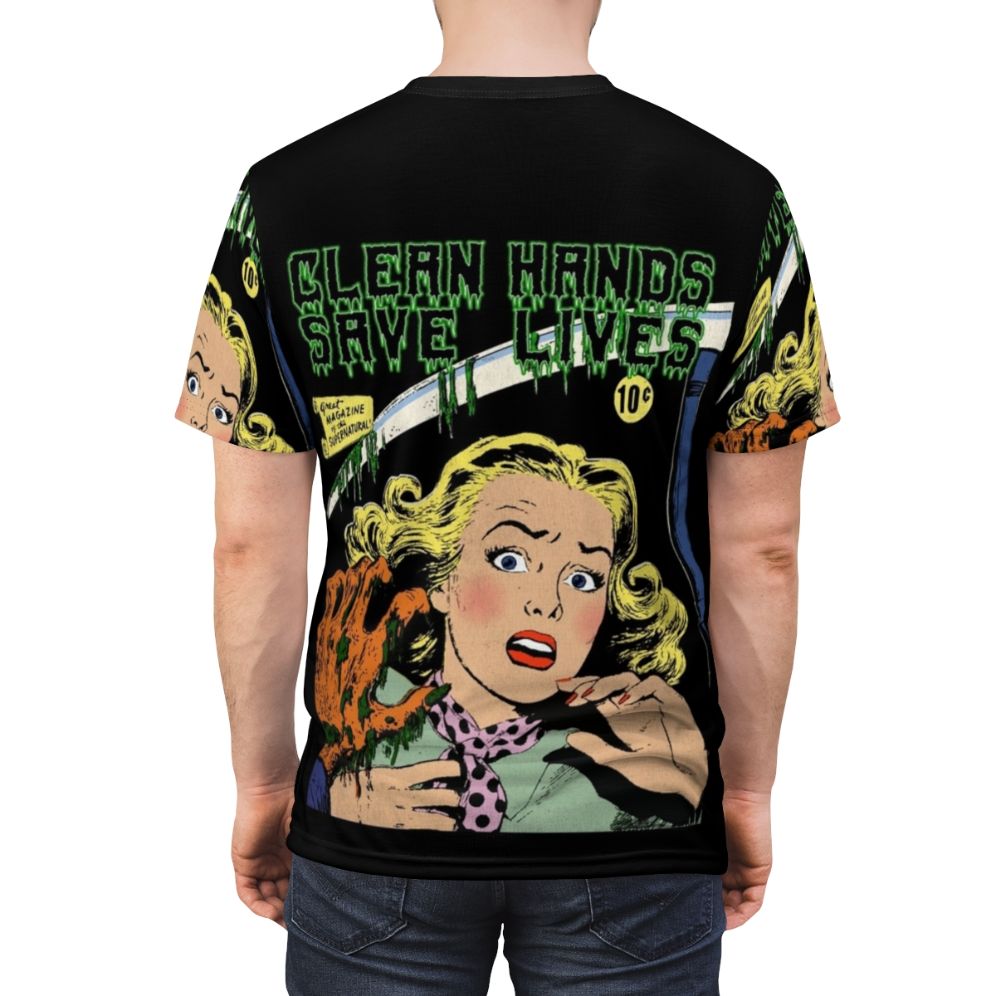 Vintage-style horror illustration of a hand with the text "Green Clean Hand Saves Lives" on a t-shirt - men back