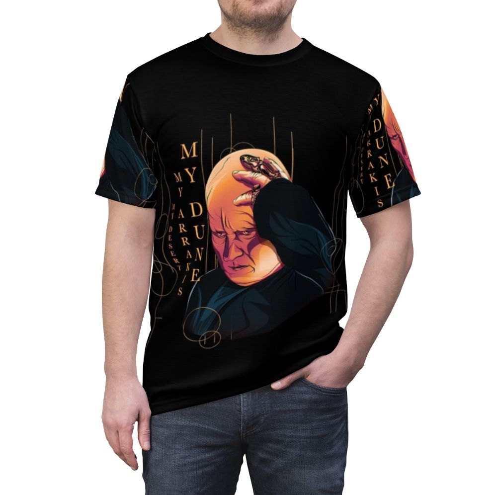 Dune inspired t-shirt featuring the villainous Baron Harkonnen character - men front