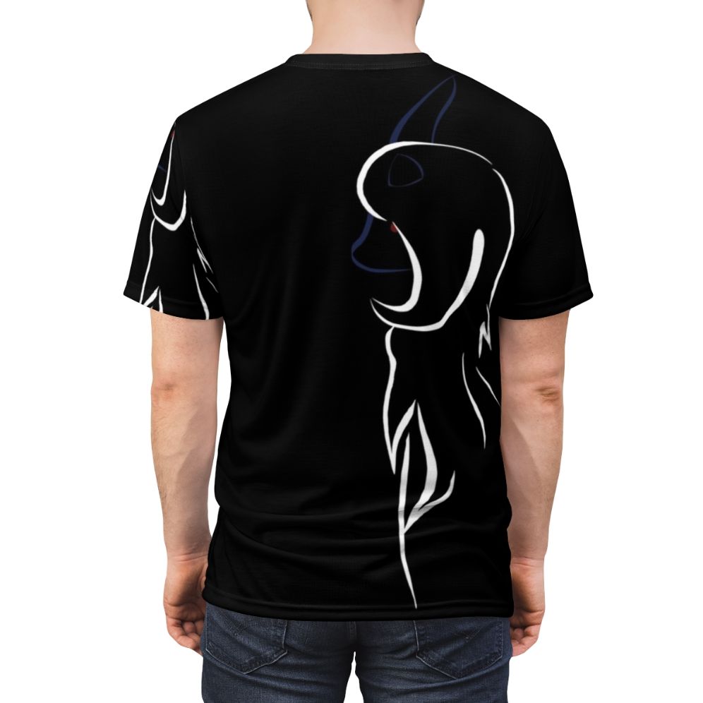 Absol, a Dark-type Pokemon, featured on an all-over print t-shirt design - men back