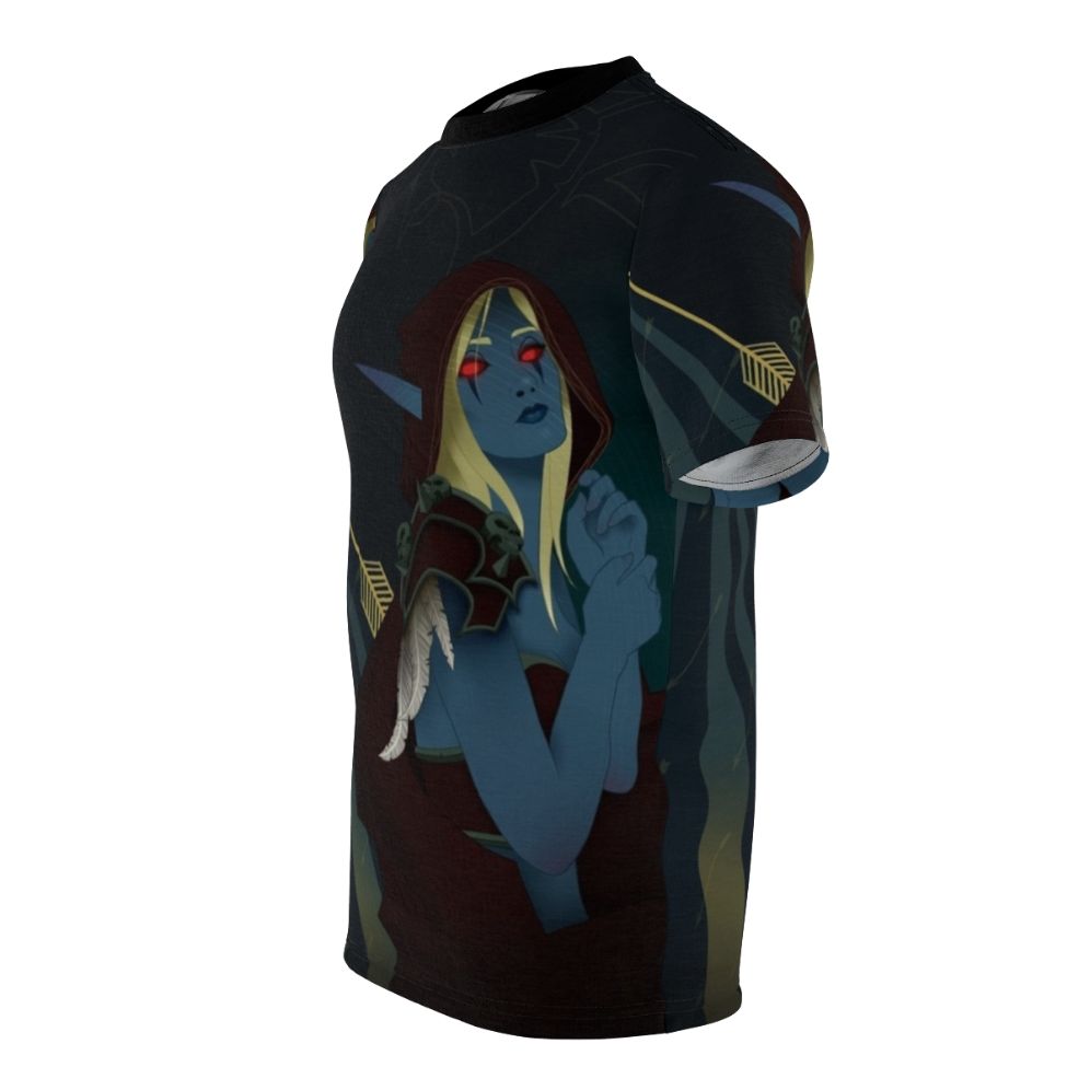 Stylized fantasy tarot card t-shirt featuring an illustration of Lady Sylvanas Windrunner from the Warcraft universe - men left