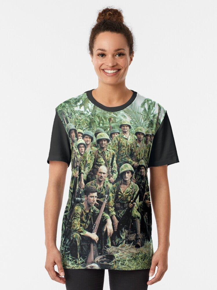 Vintage graphic t-shirt featuring World War II Marine Raiders during the Battle of Bougainville in the Solomon Islands. - Women