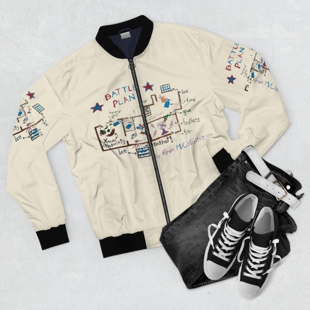 "Home Alone" inspired bomber jacket with pop culture graphics - Flat lay