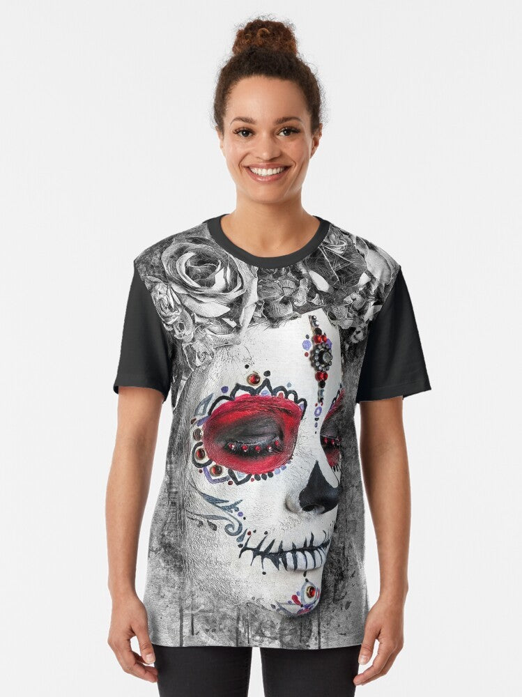 Boho-inspired graphic t-shirt featuring a sugar skull design in watercolor floral wreath - Women