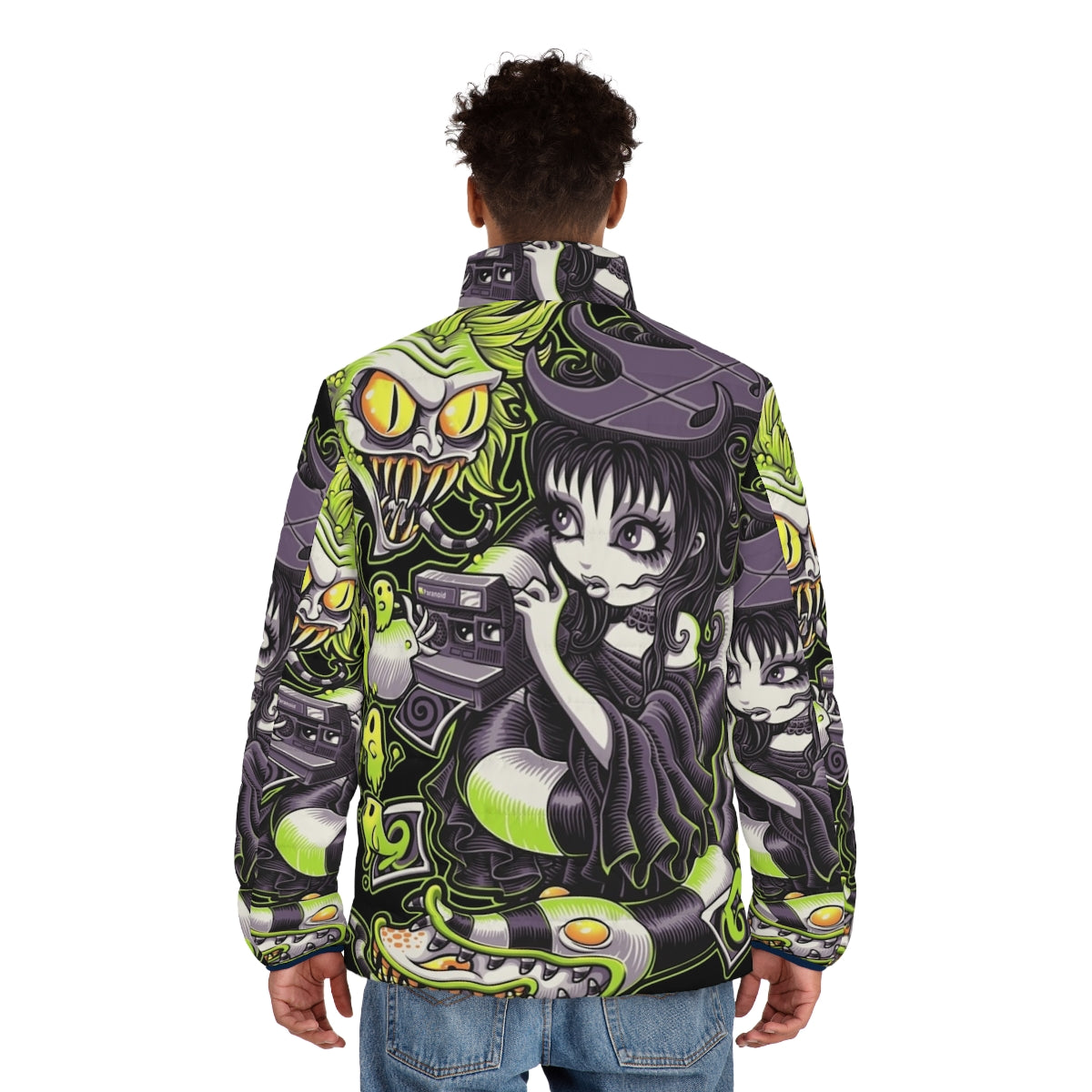 A puffer jacket with a gothic, horror-inspired design featuring Beetlejuice-inspired elements - men back