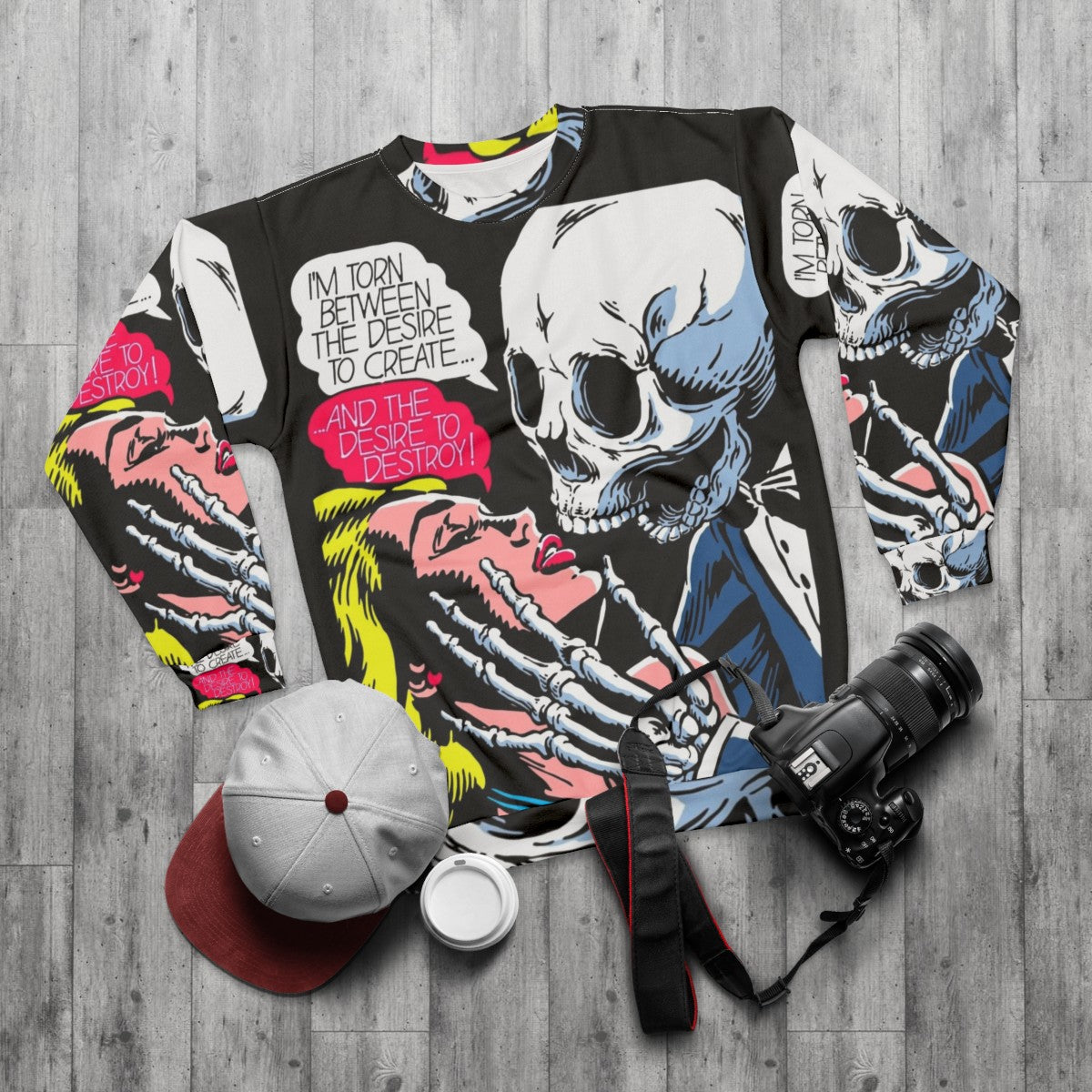 Desire Sweatshirt with Skull, Vintage Comics, and Romance Imagery - flat lay