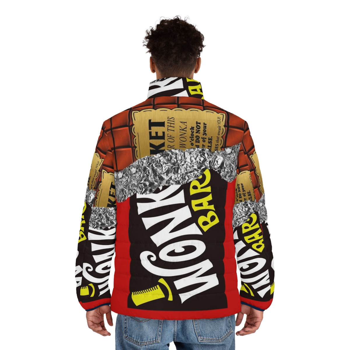 Wonka's Golden Ticket Chocolate Puffer Jacket with Retro Vintage Parody Design - men back